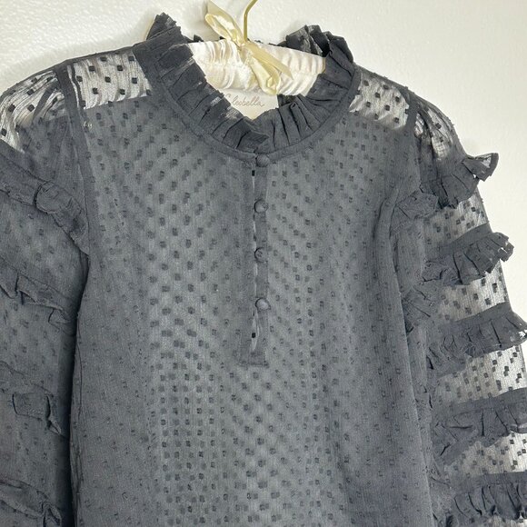 Cleobella‎ Swiss Dot Sheer Ruffled Long Sleeve Blouse XS Black Boho Goth Girly - Picture 3 of 11